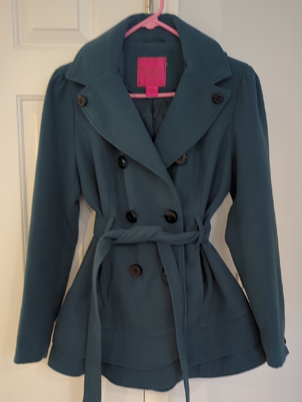 Pink Envelope Teal Double-Breasted Belted Trench Coat